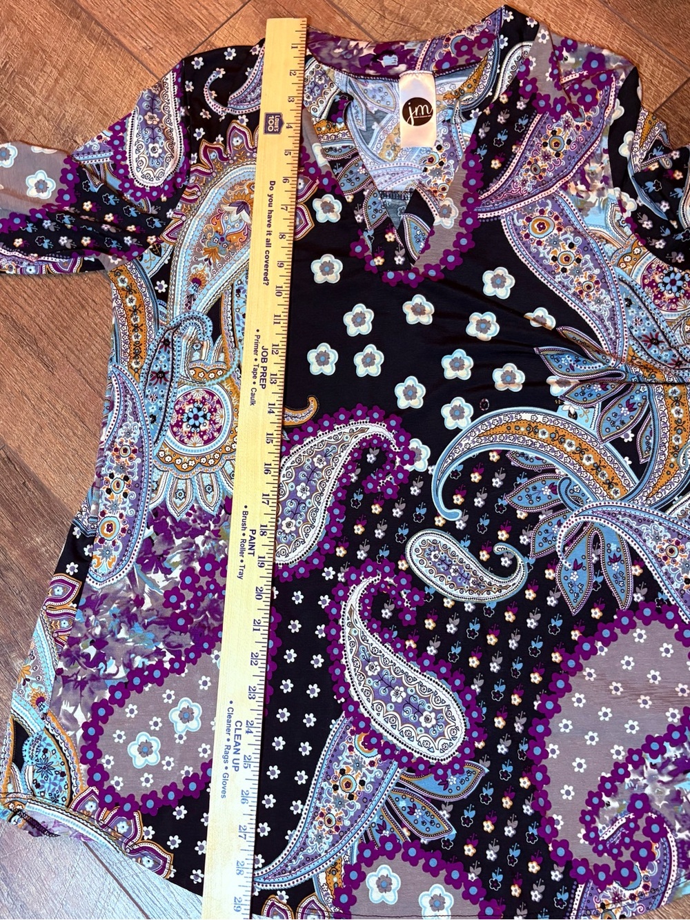 JM Womens M Paisley Tunic Top Boho Floral Roll Tab Sleeve Purple Black - Picture 5 of 9